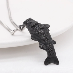 Retro koi fish pendant in matte black finish with silver steel chain on white background