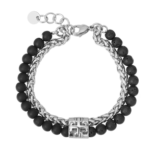 Vintage Titanium Steel Double Layer Cross Beaded Bracelet For Men Stainless Steel Chain Natural Stone Lava Rock Jewelry Gift