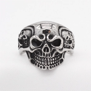 Retro punk skull ring in silver stainless steel featuring gothic relief carving