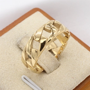 Polished golden stainless steel Cuban link chain ring for men with hollowed out structure