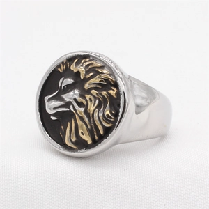 Vintage stainless steel lion head signet ring with gold relief and black round face