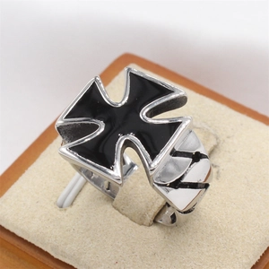 Retro stainless steel ring with black enamel cross and engraved geometric details