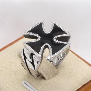 Vintage steel cross ring with black enamel finish and lightning side engravings for men