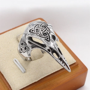 Vintage Viking bird skull ring with Celtic knot patterns in silver stainless steel