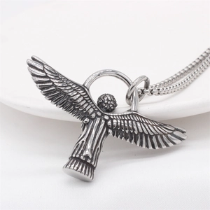 Vintage Cupid angel pendant necklace in retro stainless steel with polished box chain