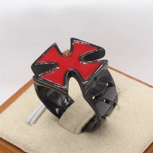 Men's retro punk titanium steel ring with red iron cross and black hollow cutouts