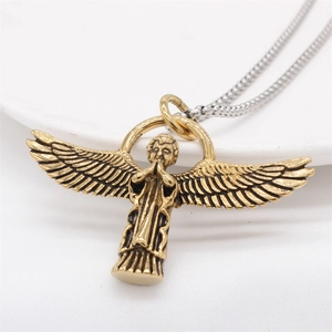 Vintage Cupid Angel pendant in matte gold finish with silver chain on white background