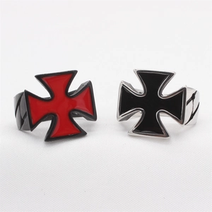 Retro stainless steel cross rings in red and black enamel with textured band design