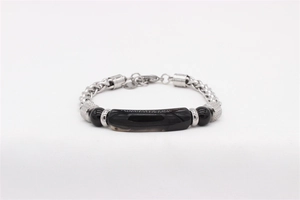 Close-up of men's tiger eye and steel bracelet with wheat chain and lobster clasp