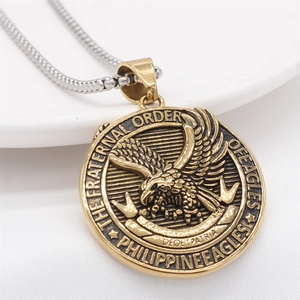 Retro eagle medallion pendant necklace in antique gold finish on stainless steel chain