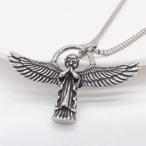 Retro stainless steel cupid angel pendant necklace with vintage silver finish for men