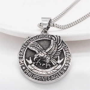 Vintage eagle round pendant necklace in silver stainless steel with ball chain for men