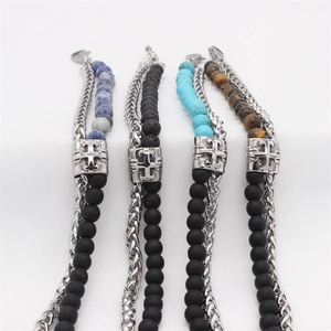 Retro multi-layer beaded cross bracelet in turquoise, tiger eye, and lava stone