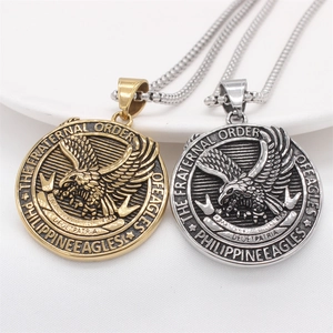 Vintage stainless steel eagle medallion pendant necklace for men in gold and silver finish
