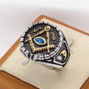 Vintage Freemason stainless steel ring for men with blue stone and gold accents