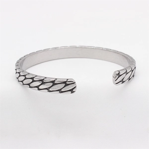 Mens vintage stainless steel open cuff bracelet with oval scale texture and silver finish