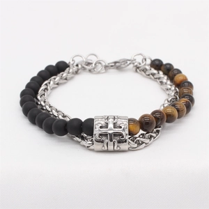 Retro multi-layer cross beaded bracelet with black matte beads and tiger eye stones