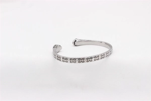 Detailed macro view of retro silver stainless steel open bangle with tiger head motif