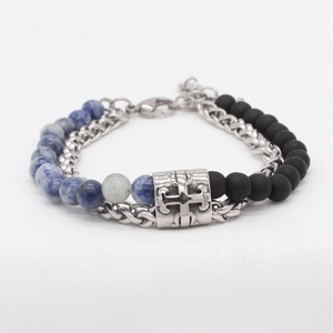 Retro cross pendant beaded bracelet with blue marble stones and silver metal chain
