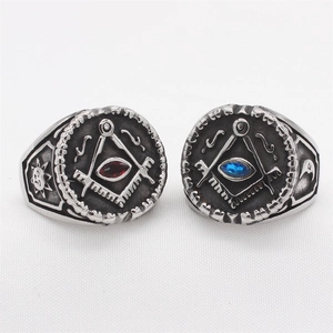 Vintage Freemasonry signet rings for men in silver with red and blue gemstones