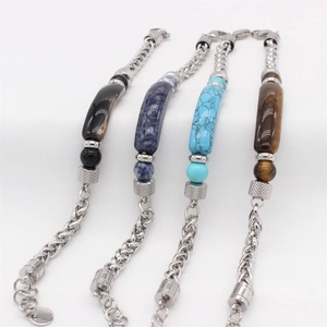 Tiger eye and stainless steel beaded chain bracelets for men in four assorted colors