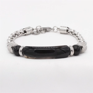 Men's titanium steel bracelet with tiger eye beads and black cylindrical stone accents