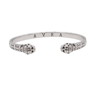 Retro stainless steel open cuff bracelet with detailed tiger heads and vintage silver finish