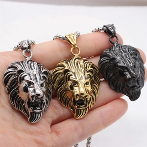 Lion head pendant necklaces in silver, gold, and black stainless steel for men