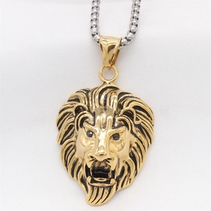 Retro lion head pendant necklace in gold and silver finish for men, hip hop style jewelry