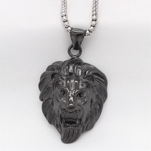 Retro lion head pendant necklace in black chrome finish with silver box chain