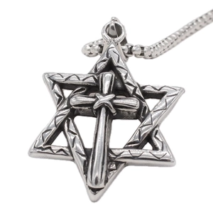 Vintage Titanium Steel Hexagram Cross Pendant For Men Individual Retro Star Of David Religious Charm Neck Jewelry Gift