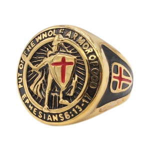 Men's vintage golden shield ring with red cross and Armor of God engraving