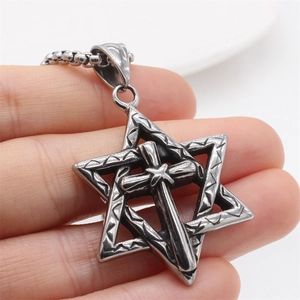 Vintage stainless steel Star of David cross pendant necklace with round bead chain link