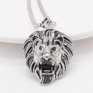 Men's vintage lion head pendant necklace in silver stainless steel with black stone eyes