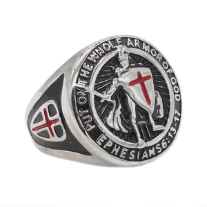 Vintage stainless steel knight shield ring with Bible verse engraving and embossed cross