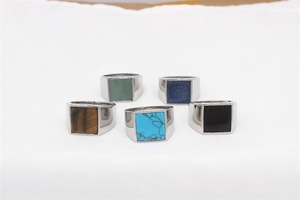 Set of five square signet rings for men featuring tiger eye, turquoise, and onyx stones