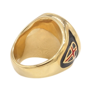 Retro knight shield signet ring for men in gold titanium steel with red cross detail