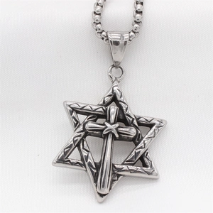 Retro hexagram and cross pendant necklace in silver stainless steel with bead chain