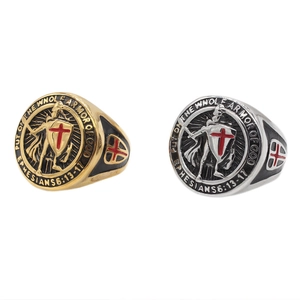 Vintage Knight Shield Cross Stainless Steel Ring For Men Religious Bible Verse Signet Ring Personality Jewelry Gift