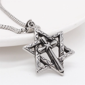 Vintage stainless steel hexagram and cross pendant necklace with box chain for men