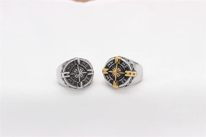 Detailed close-up of retro nautical compass rings with engraved side leaf patterns