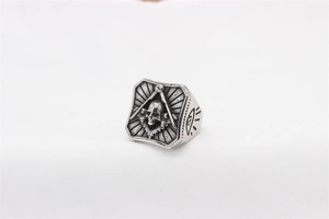 Detail of vintage Masonic skull ring showing Freemason square and All-Seeing Eye symbols
