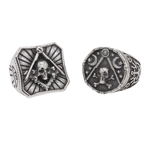 Vintage Men Titanium Steel Skull Ring Masonic Symbol All-Seeing Eye Gothic Punk Antique Silver Distressed Biker Ring Jewelry