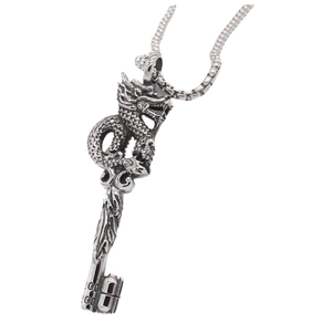 Vintage Stainless Steel Chinese Dragon Key Pendant Necklace For Men Retro Punk Gothic Distressed Silver Pendant Jewelry Gift