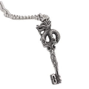 Vintage silver dragon head key pendant necklace in stainless steel with box chain style