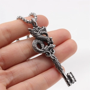 Vintage steel dragon key pendant necklace with pearl chain showing detailed 2020 engraving