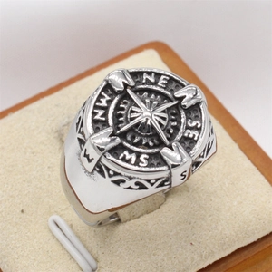 Vintage stainless steel compass ring for men with nautical star and floral engraving