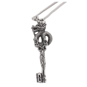 Vintage stainless steel Chinese dragon key pendant necklace for men in antique silver finish
