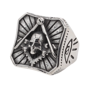 Vintage stainless steel skull ring with Freemason symbol and Eye of Providence design