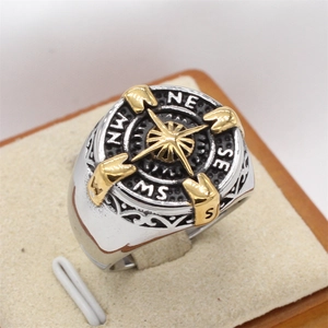 Retro stainless steel compass nautical ring with gold star and black mesh design